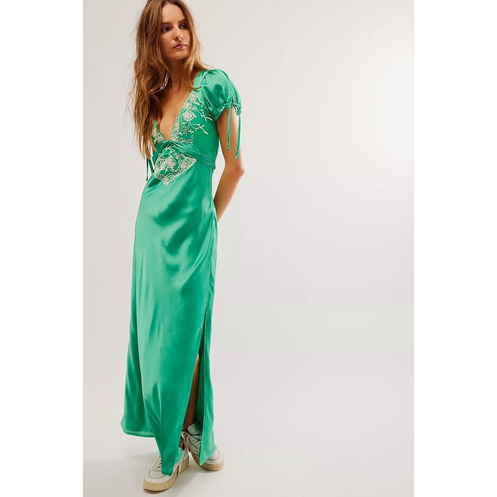 Free People Emerald Green Satin Maxi Dress with Embroidered Bodice - Picture 10 of 10
